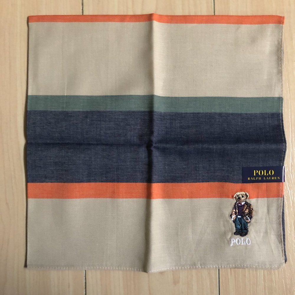 New Polo Ralph Lauren Bear Cotton Handkerchief Scarf Pocket Square Beige Stripes